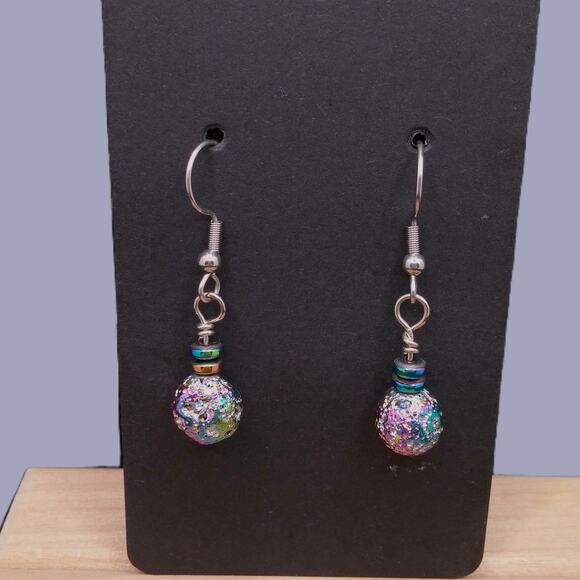 Artisan Iridescent Drop Earrings Electroplated Lava Stone Rainbow Hematite Beads - Picture 3 of 11